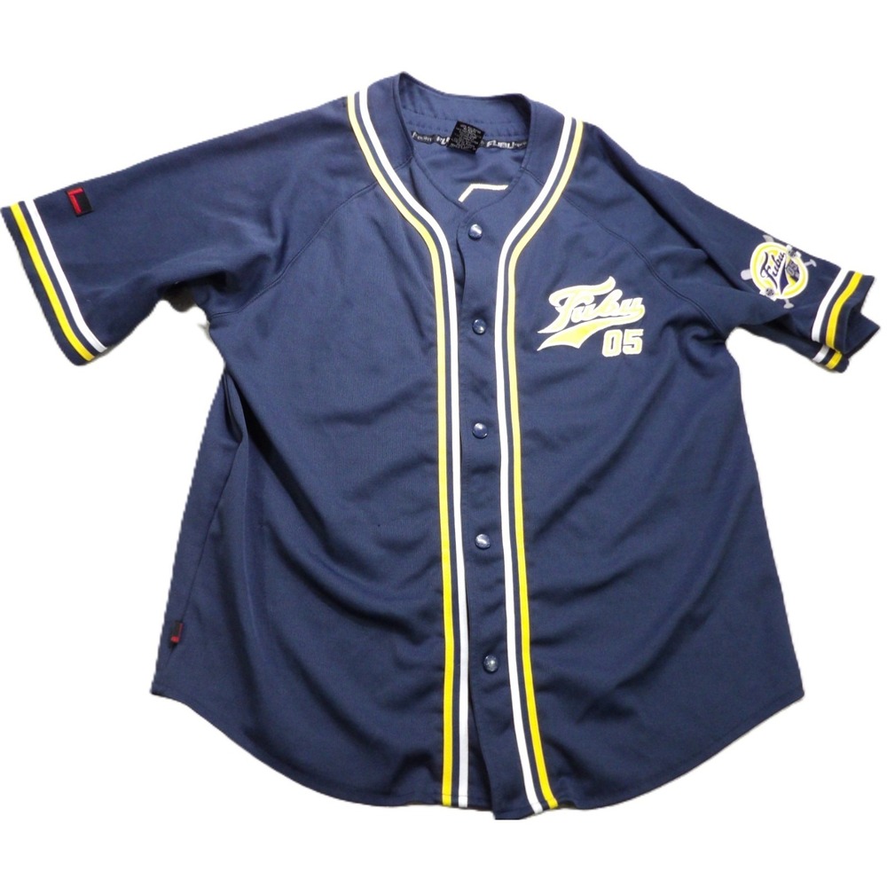 VTG FUBU Baseball Jersey Shirt Blue Mesh Button Up Script 05 Y2K Men XL 20 Sport